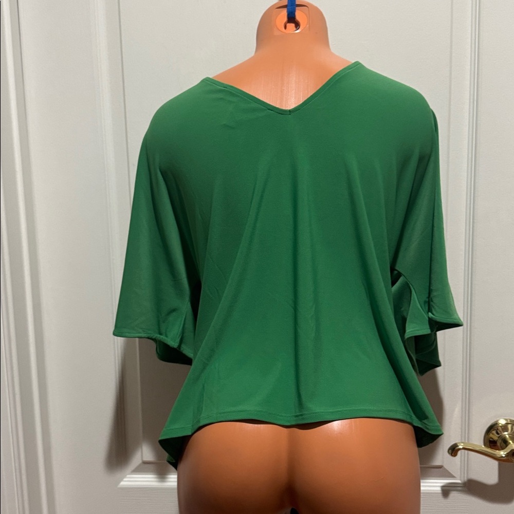 WHBM Matte Green Ruched Tie Cinched Front Kimono Knit Top XL $78 EUC KL - Picture 5 of 10
